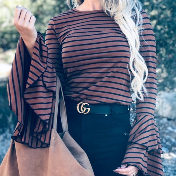 044 Boho Stripes Bell Sleeve Ruffle Top - Picture 5 of 9